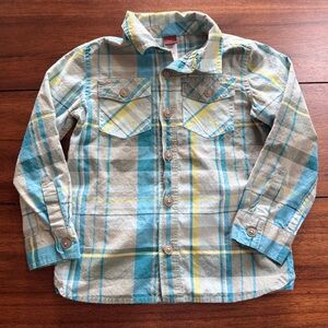 Tea Collection Toddler Boy Blue Green Plaid Long Sleeve Button Down Shirt Size 4